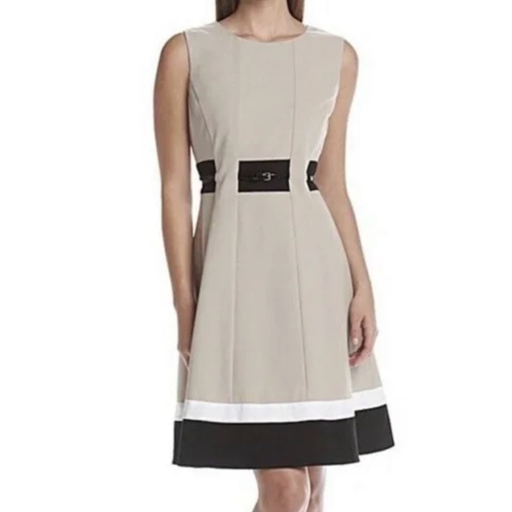 Calvin Klein Tan and Cream Sheath Dress Sleeveless Bateau